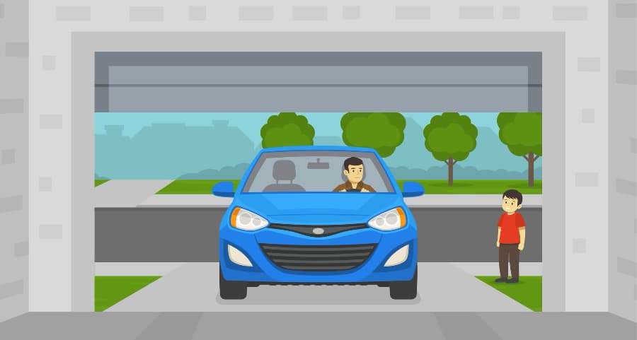 Illustration of a homeowner driving into his garage with a child looking on.
